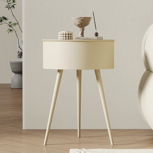 Modern European Cream-Colored Round Side Table with Storage - Sleek Office Coffee Table, Pedestal Base, Metal Frame, Ideal for Reception Room or Small Spaces,