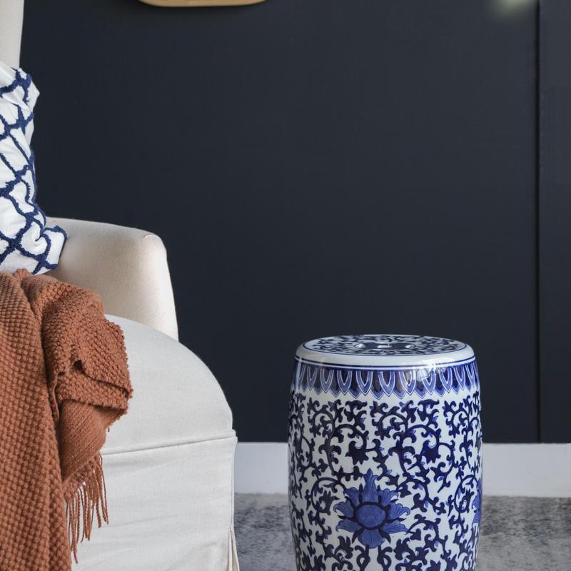 1pc Ceramic Garden Stool, Blue and White Small Side Table,