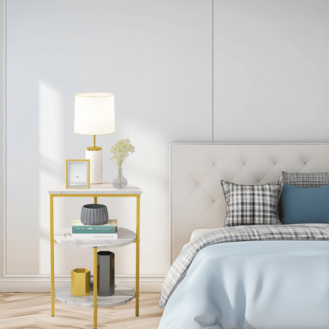 Modern End Table, 3-Tier Faux Marble Side Table for Living Room, Small Round Coffee Table with Gold Metal Frame, Bedside Tables Nightstand for Living Room, Bedroom,