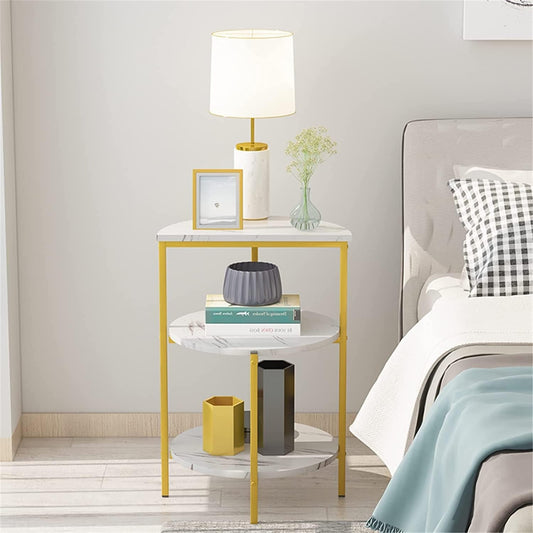 White and Gold End Side Table, 3-Tier Faux Marble Nightstand Storage Shelf with Golden Metal Frame, Round Coffee Table Bedside Table Nightstand for Living Rome,