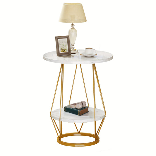 Sablyme 2-Tier Faux Marble Side Table with Storage, Round End Table for Living Room, Bedroom & Office, White & Golden Finish