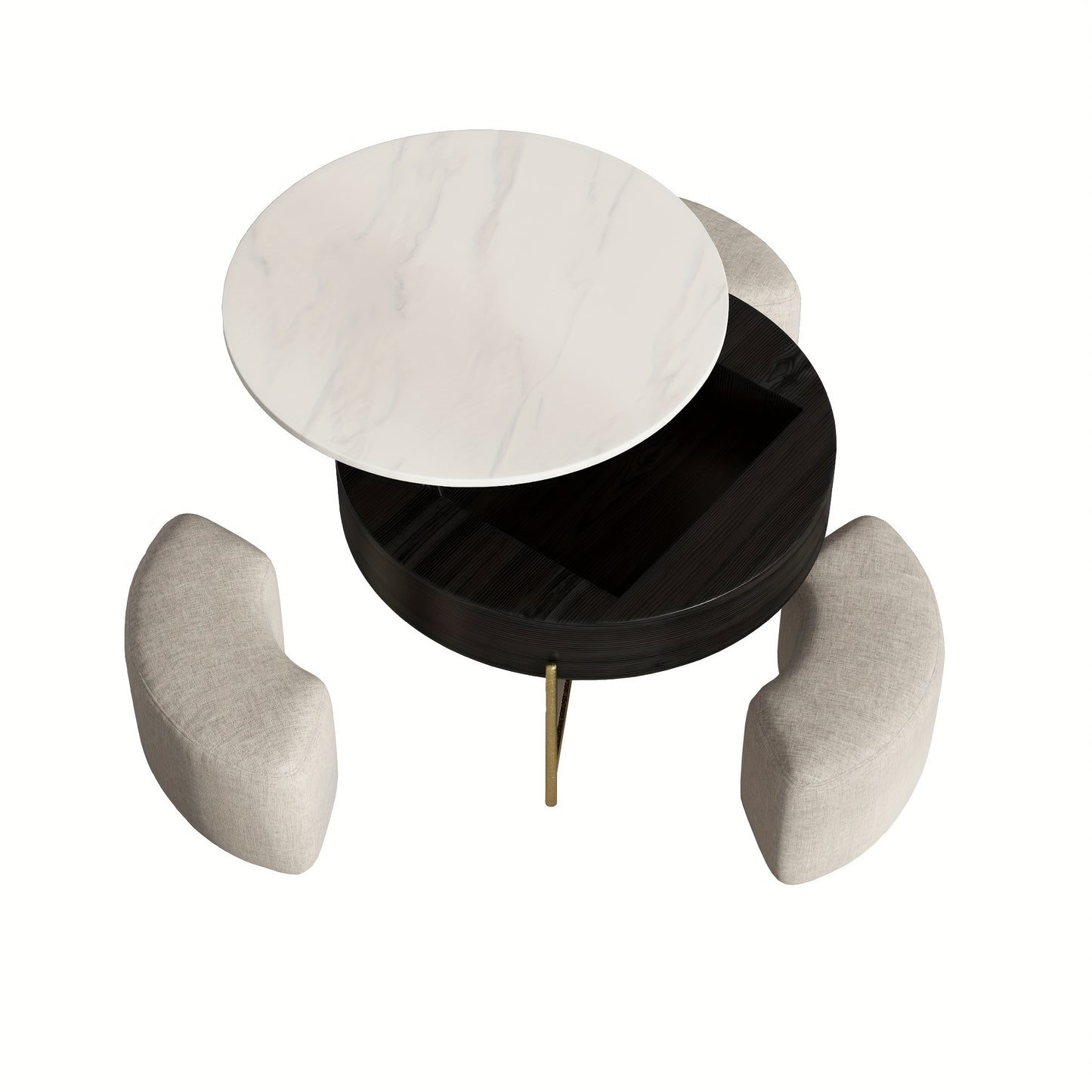 Modern Lift-Top Coffee Table with Storage & Stools - Adjustable Height, Faux Marble Top, Wooden Base, Space-Saving Design for Living Room or Office,