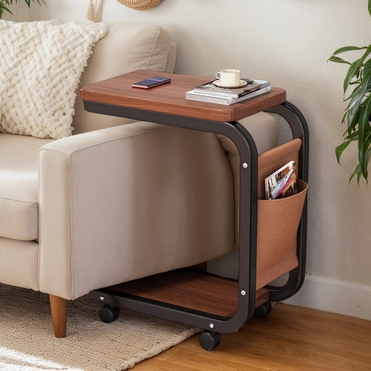 Modern Rolling Coffee Table with Pull-Out Storage - Retro Style Hardwood Top & Black Metal Frame, 4 Caster Wheels, Compact Space-Saving Design Under 27\