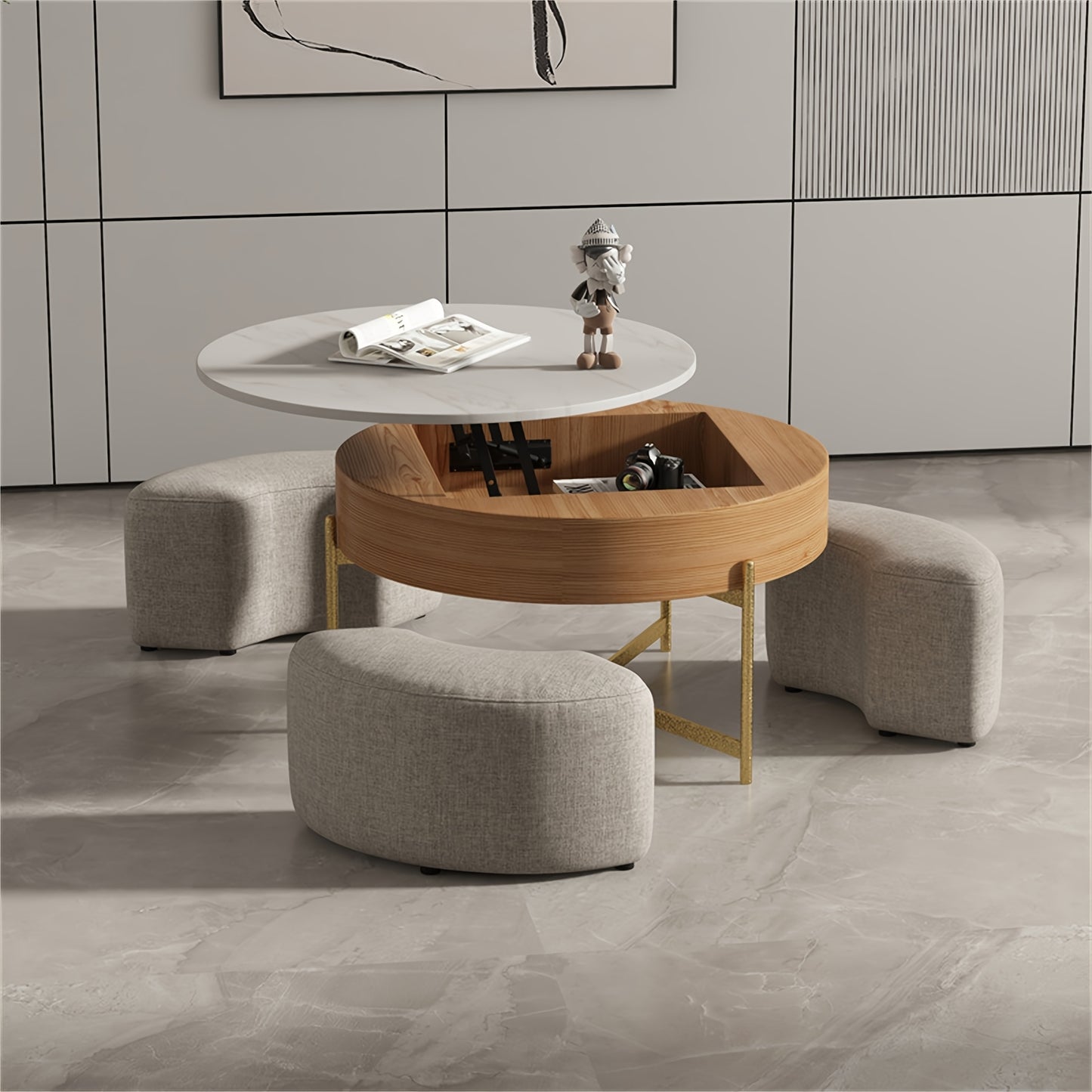 Modern Lift-Top Coffee Table with Storage & Stools - Adjustable Height, Faux Marble Top, Wooden Base, Space-Saving Design for Living Room or Office,