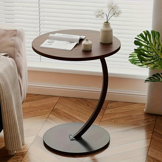 A Modern And Minimalist Columnar - Footed Table with A Metal Frame And A Wooden Tabletop. It Features A Portable Design, Making It Convenient for Indoor Use.