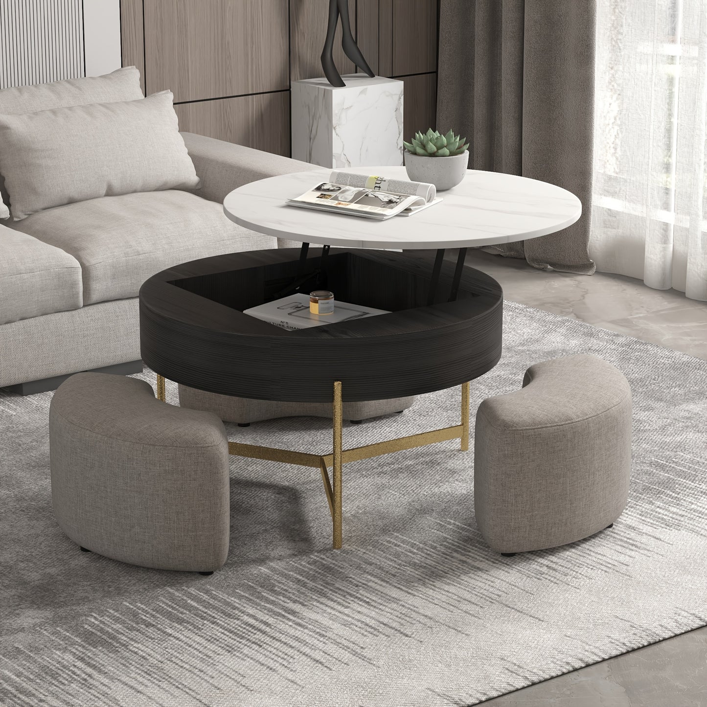 Modern Lift-Top Coffee Table with Storage & Stools - Adjustable Height, Faux Marble Top, Wooden Base, Space-Saving Design for Living Room or Office,