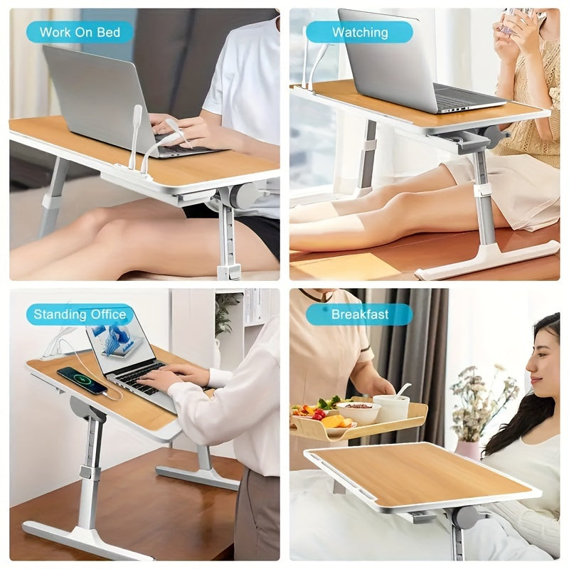 Adjustable Height Foldable Laptop Bed Table with USB Charging Port, Ergonomic Bedside Desk with Handle, Desktop Card Slot & Side Drawer
