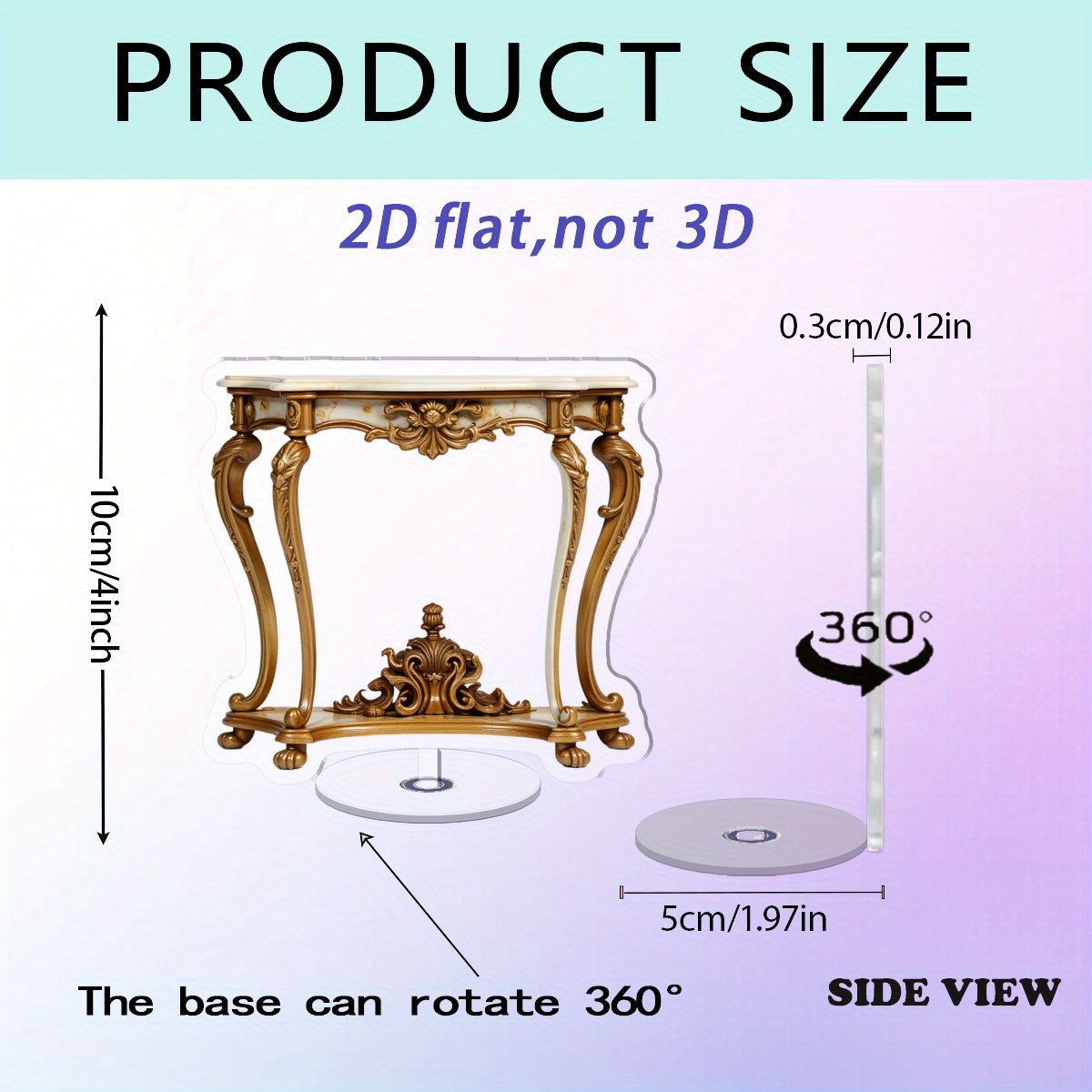 2D Flat 1pc Elegant 360-Degree Acrylic Marble Console Table with Golden Accents - 2D Double-Sided Desktop Decoration