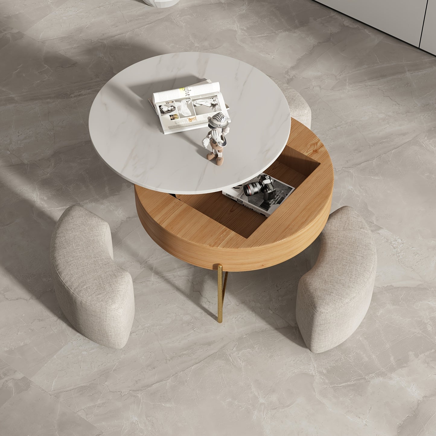Modern Lift-Top Coffee Table with Storage & Stools - Adjustable Height, Faux Marble Top, Wooden Base, Space-Saving Design for Living Room or Office,