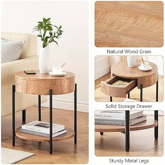 GarveeHome Round End Table with Drawer - Modern Farmhouse Accent Nightstand, Solid Hardwood & Metal Black Legs,