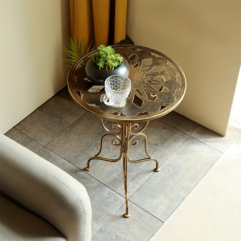 Vintage Metal Table Elegant 1pc Vintage Style Metal End Table | 40cm Diameter, Portable Round Side Table with Ornate Scrollwork Design - Ideal for Living Room,