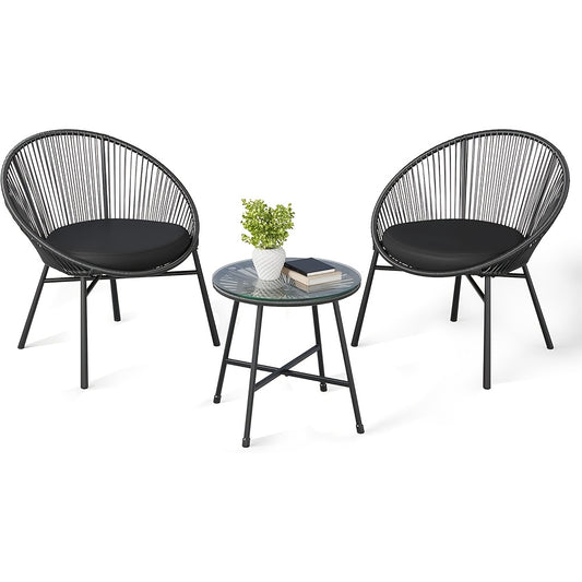 3pcs Outdoor Acapulco Chair Patio Bistro Set, All-Weather Acapulco Chairs With Glass Top Table, Modern Patio Conversation Chairs Set Of 2 For Balcony, Pool, Garden, Backyard