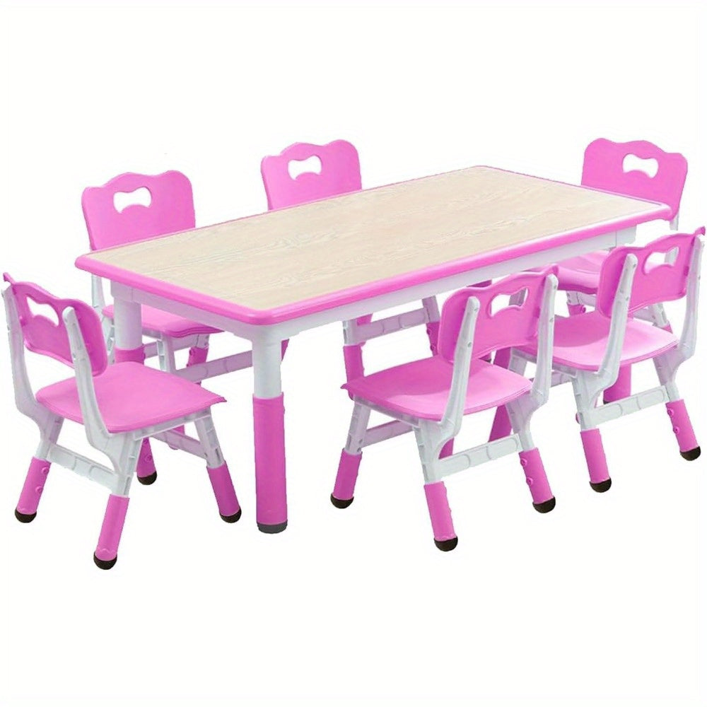 7pcs Table and Chair Set, Height-adjustable Table with 6 Chairs for Multi-purpose Study Table with Non-slip Legs, Doodle Tabletop, Suitable for Home\u002F daycare Center