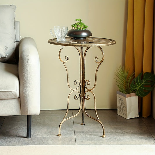 Vintage Metal Table Elegant 1pc Vintage Style Metal End Table | 40cm Diameter, Portable Round Side Table with Ornate Scrollwork Design - Ideal for Living Room,