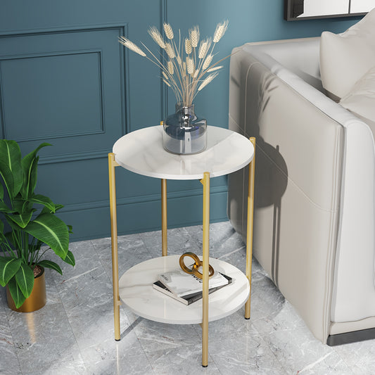 AESOME Modern Round End Table with Sintered Stone Top & Golden Metal Frame - 2-Tier Heavy-Duty Accent Side Table, Marble-Like Surface,