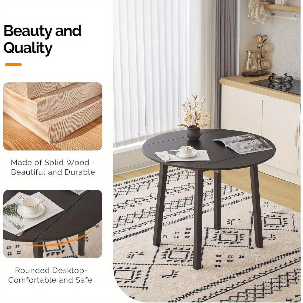 35 Inch Solid Wood Foldable Drop Leaf Dining Table - Space-Saving Round Kitchen Table for Small Spaces, Expandable Design for Home, Apartment, Office (Brown)