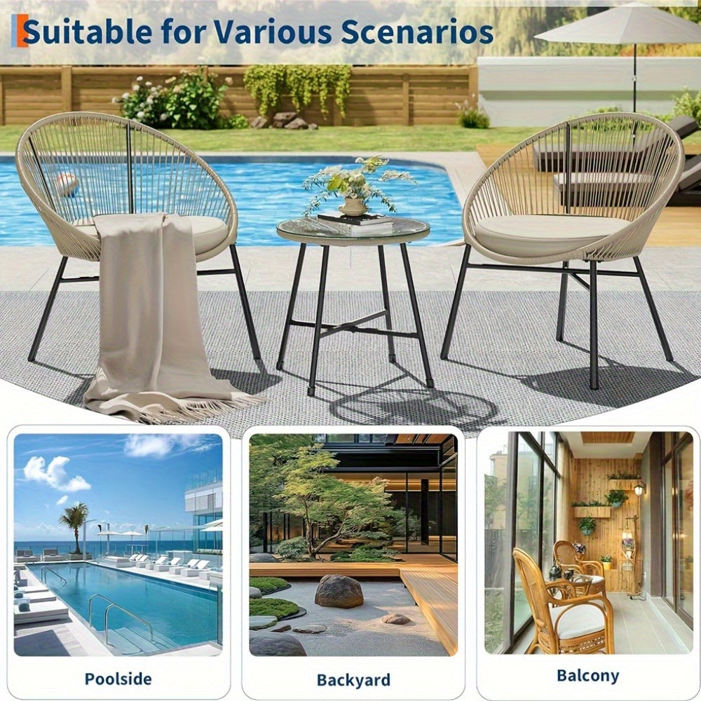 3pcs Outdoor Acapulco Chair Patio Bistro Set, All-Weather Acapulco Chairs With Glass Top Table, Modern Patio Conversation Chairs Set Of 2 For Balcony, Pool, Garden, Backyard