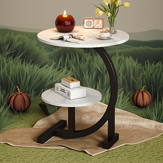 C-Shaped Metal Frame Small Coffee Table with Storage Shelf, Light Luxury Minimalist Nordic Style Side Table by Sofa, Bedside Side Cabinet