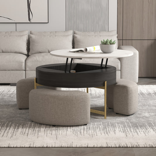 Modern Lift-Top Coffee Table with Storage & Stools - Adjustable Height, Faux Marble Top, Wooden Base, Space-Saving Design for Living Room or Office,