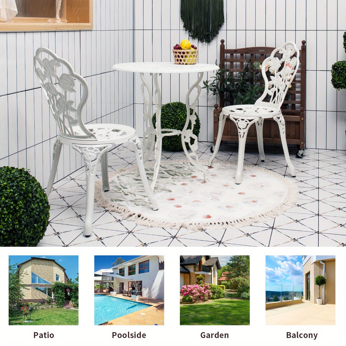 MULTIGOT 3pcs Cast Aluminum Patio Bistro Furniture Set Rose Design Outdoor White