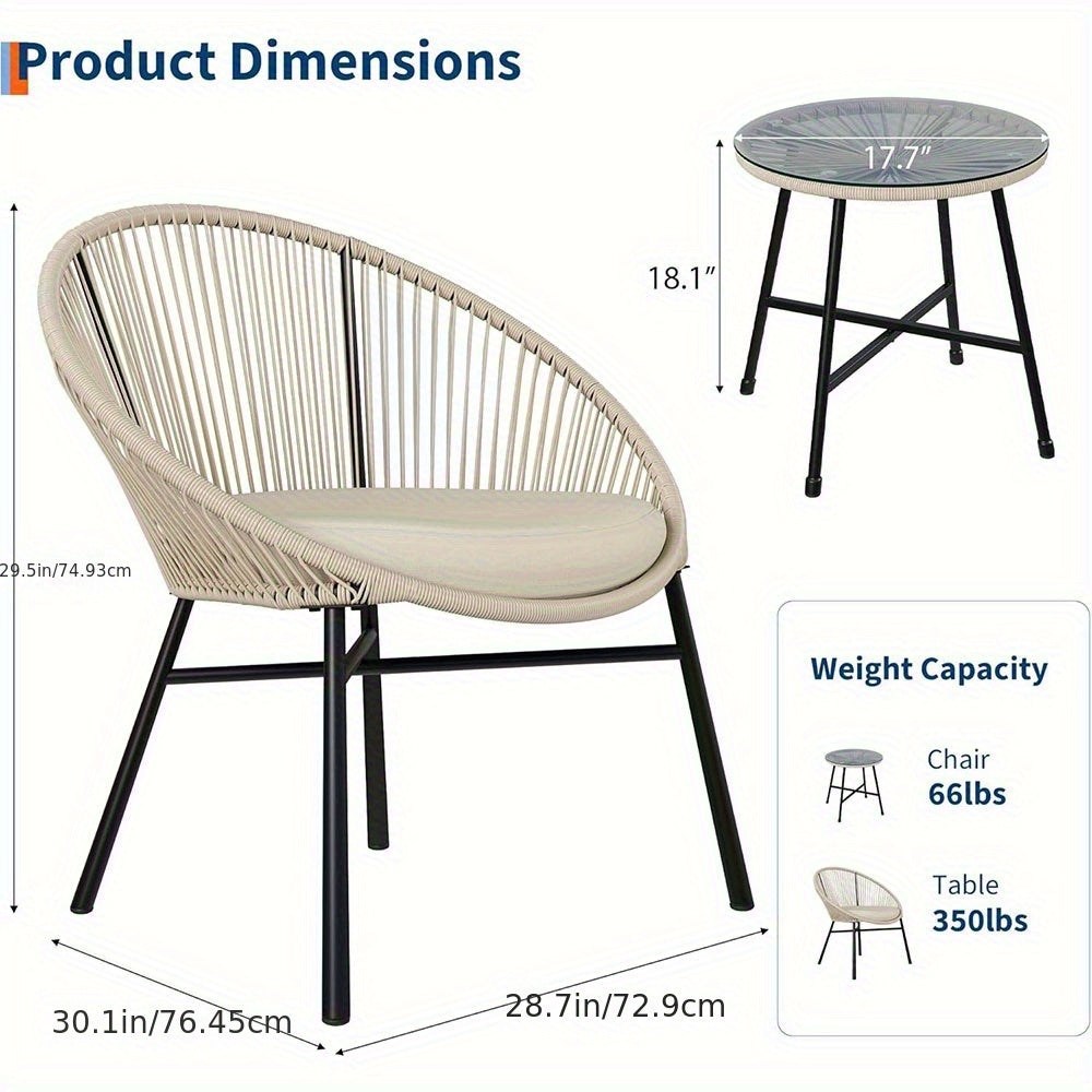 3pcs Outdoor Acapulco Chair Patio Bistro Set, All-Weather Acapulco Chairs With Glass Top Table, Modern Patio Conversation Chairs Set Of 2 For Balcony, Pool, Garden, Backyard