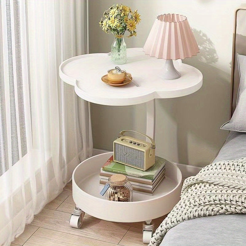 1pc Modern Minimalist Mobile Coffee Table with Wheels - Cream Style Light Luxury Sofa Side Table, Durable Plastic 2-Tier Design, Easy Assembly for Living Room,