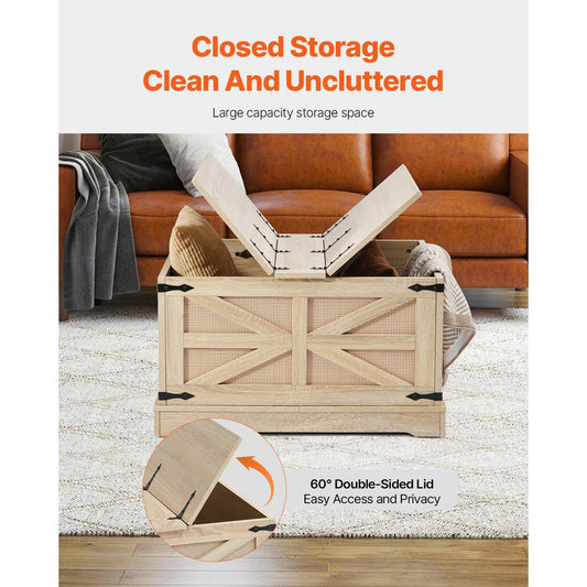 VEVOR Rattan Coffee Table, Rectangle 2-Tier PE Rattan Farmhouse End Table, 32-Inch Modern Boho Style Storage Mid Century Coffee Table with Retro Metal Hinges,