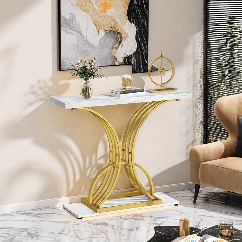 Roadrix Luxurious Golden Console Table, 40-Inch Modern Entryway Narrow Sofa Table, Faux Marble White\u002FBlack Top, Stylish Hallway Accent Table For Living Room,