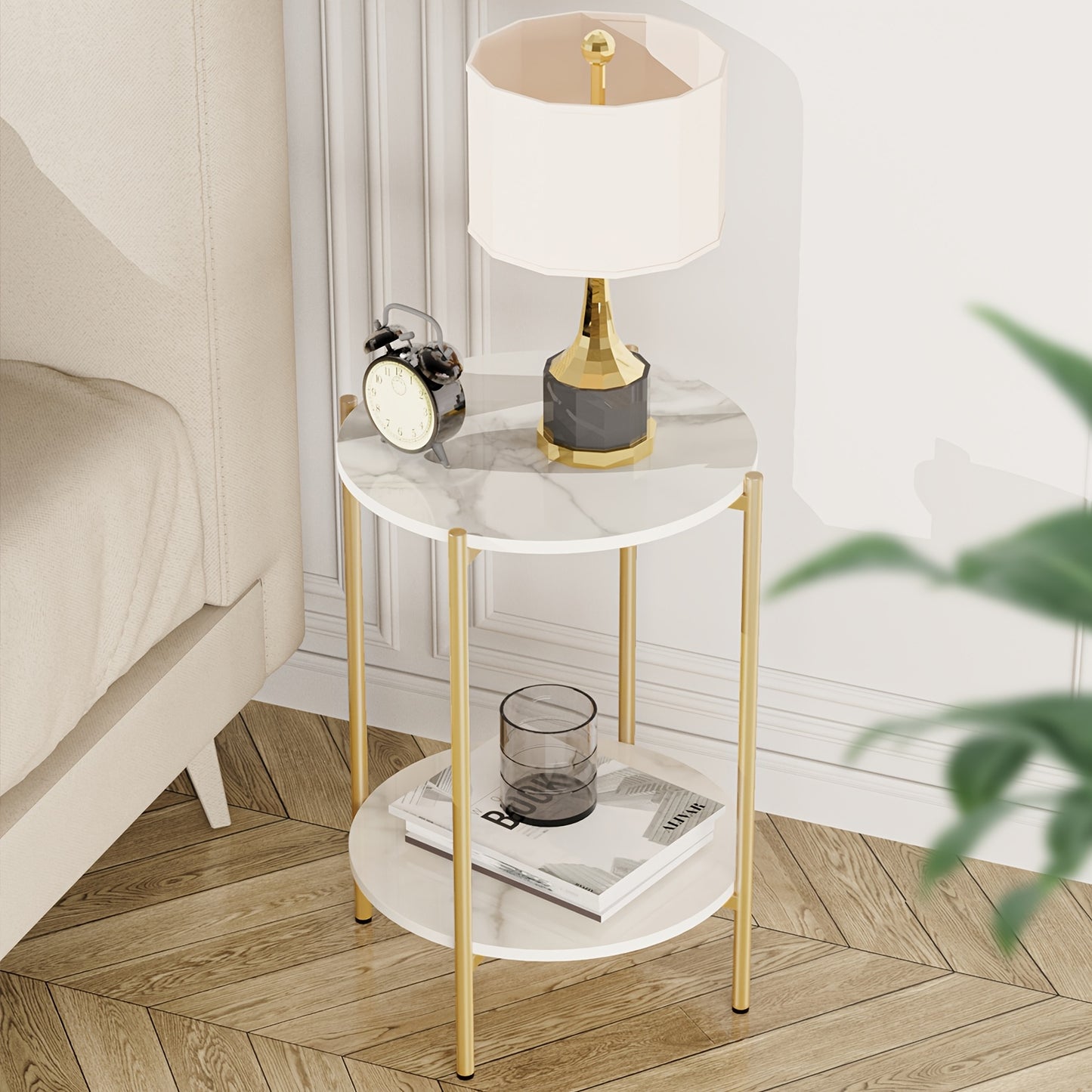 AESOME Modern Round End Table with Sintered Stone Top & Golden Metal Frame - 2-Tier Heavy-Duty Accent Side Table, Marble-Like Surface,