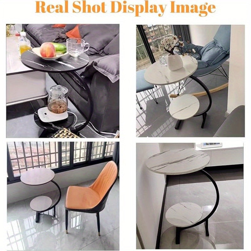 Modern 2-Tier Faux Marble Side Table with Storage Shelf, Small Round End Table for Living Room or Bedroom, Stylish Bedside and Decorative Table,