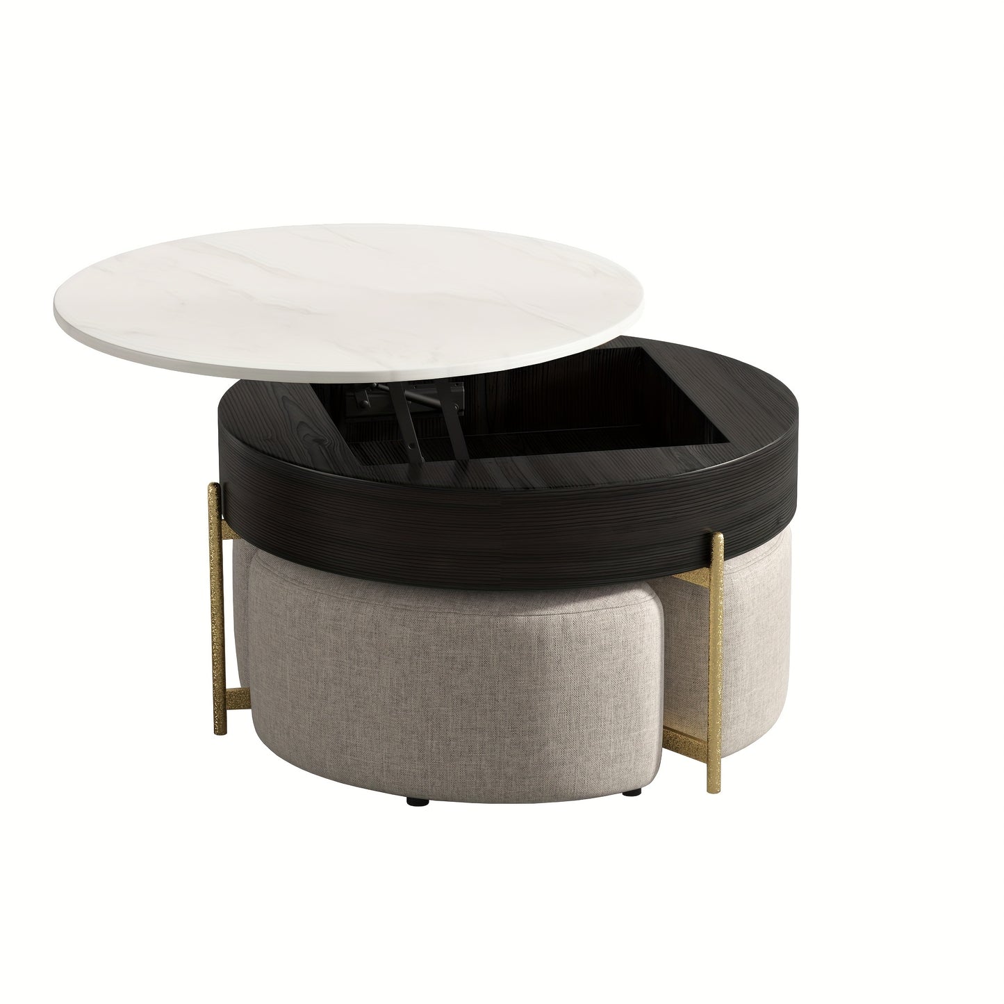 Modern Lift-Top Coffee Table with Storage & Stools - Adjustable Height, Faux Marble Top, Wooden Base, Space-Saving Design for Living Room or Office,