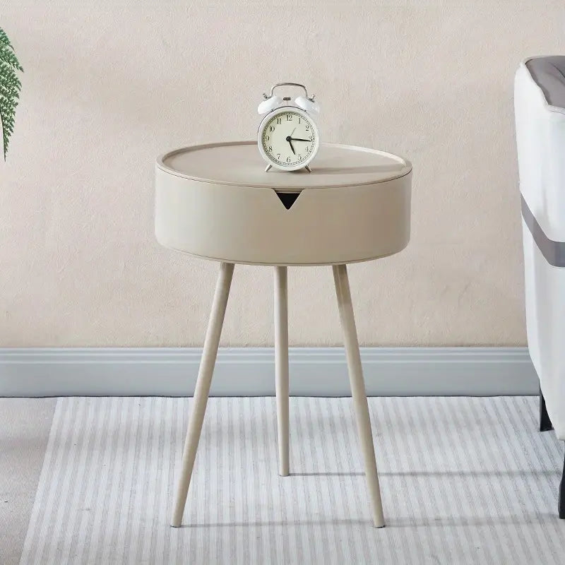Modern European Cream-Colored Round Side Table with Storage - Sleek Office Coffee Table, Pedestal Base, Metal Frame, Ideal for Reception Room or Small Spaces,