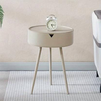 Modern European Cream-Colored Round Side Table with Storage - Sleek Office Coffee Table, Pedestal Base, Metal Frame, Ideal for Reception Room or Small Spaces,