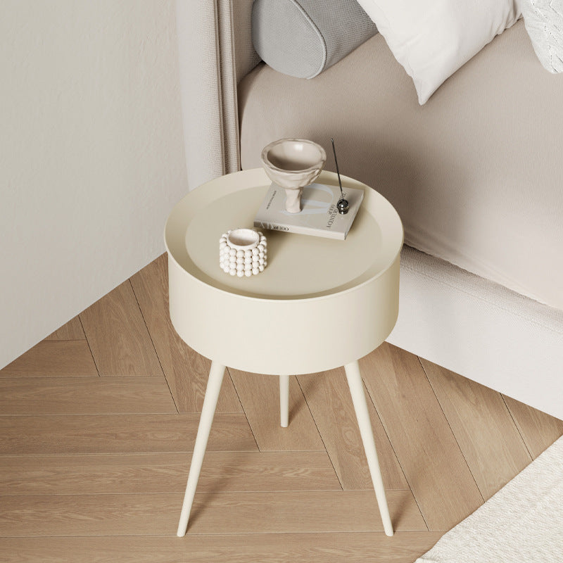 Modern European Cream-Colored Round Side Table with Storage - Sleek Office Coffee Table, Pedestal Base, Metal Frame, Ideal for Reception Room or Small Spaces,