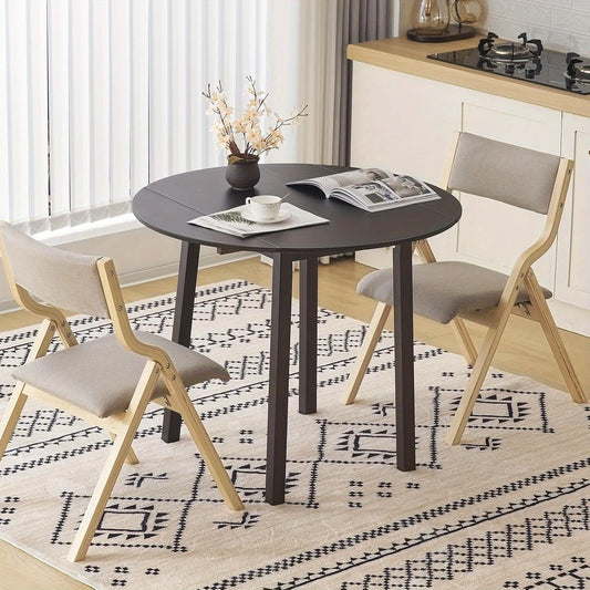 35 Inch Solid Wood Foldable Drop Leaf Dining Table - Space-Saving Round Kitchen Table for Small Spaces, Expandable Design for Home, Apartment, Office (Brown)
