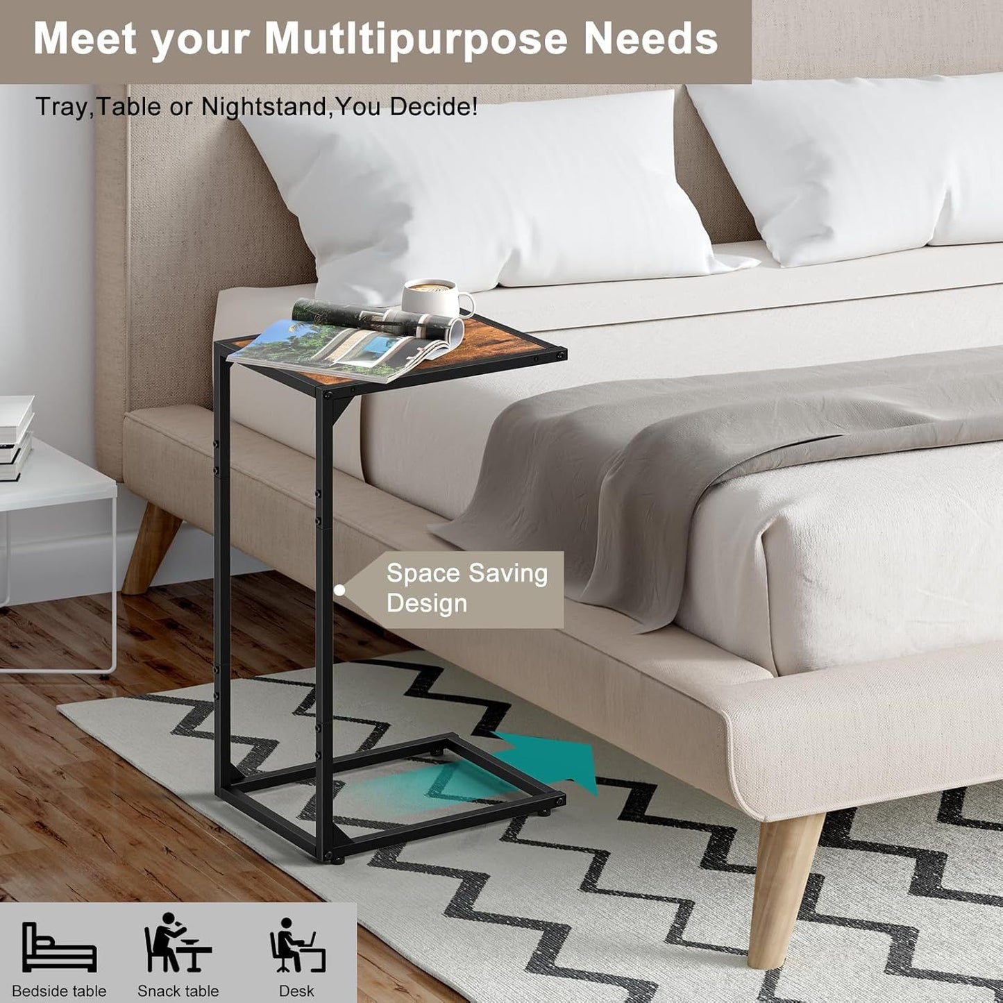 Sofa side table, C shape sofa snack table, bedroom bedside table, sofa coffee table table, can slide into the sofa below, suitable for living room, bedroom