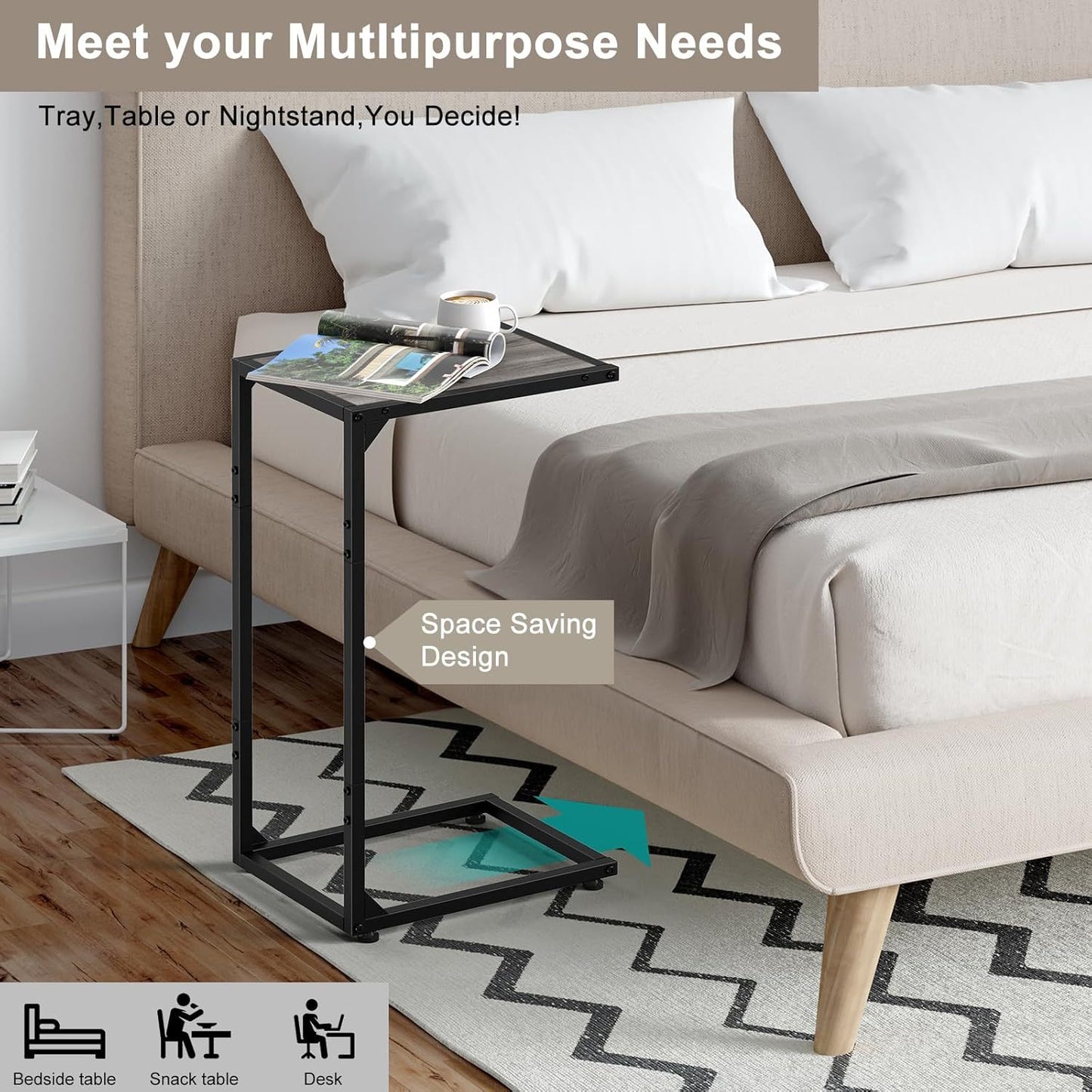 Sofa side table, C shape sofa snack table, bedroom bedside table, sofa coffee table table, can slide into the sofa below, suitable for living room, bedroom