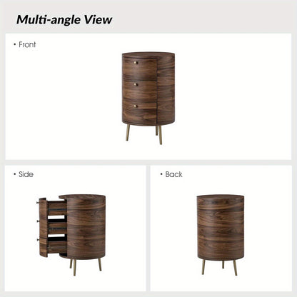 Round End Table with 3 Storage Drawers, Mid Century Modern Sofa Side Table with Metal Legs, Farmhouse Wood Small Side Table for Living Room,