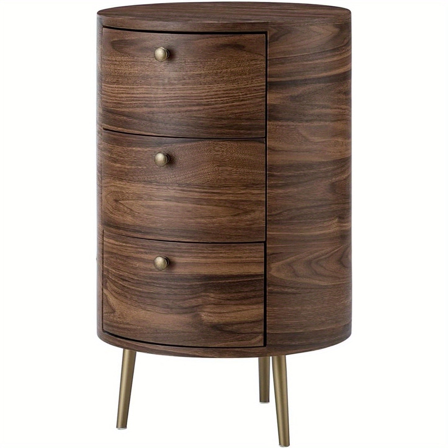 Round End Table with 3 Storage Drawers, Mid Century Modern Sofa Side Table with Metal Legs, Farmhouse Wood Small Side Table for Living Room,