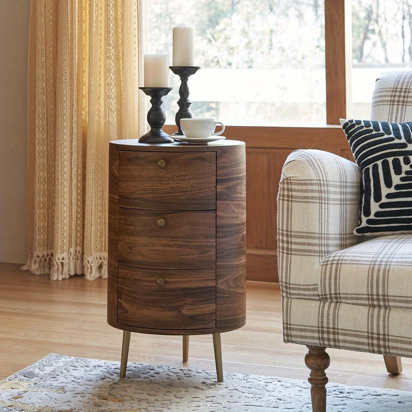 Round End Table with 3 Storage Drawers, Mid Century Modern Sofa Side Table with Metal Legs, Farmhouse Wood Small Side Table for Living Room,