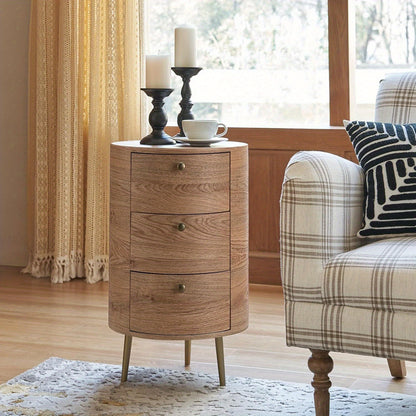 Round End Table with 3 Storage Drawers, Mid Century Modern Sofa Side Table with Metal Legs, Farmhouse Wood Small Side Table for Living Room,