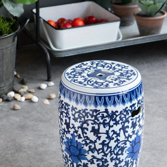 1pc Ceramic Garden Stool, Blue and White Small Side Table,