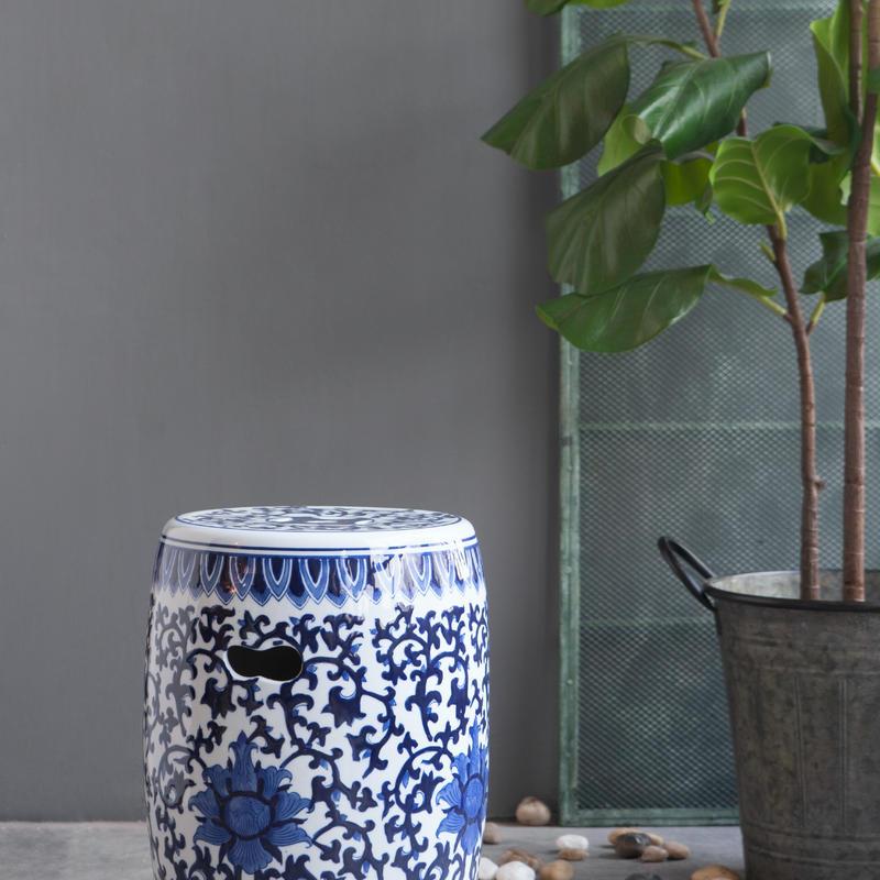 1pc Ceramic Garden Stool, Blue and White Small Side Table,