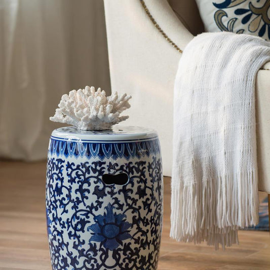 1pc Ceramic Garden Stool, Blue and White Small Side Table,