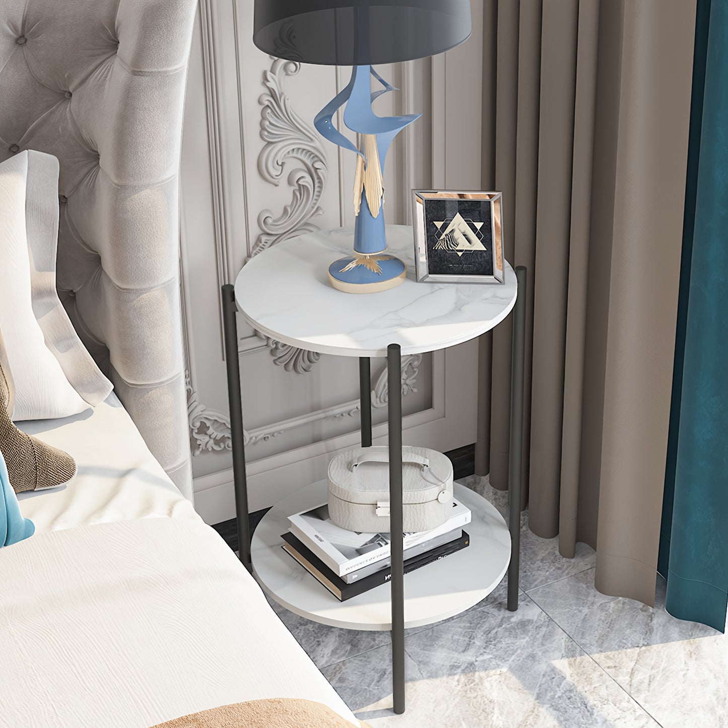 AESOME Modern Round End Table with Sintered Stone Top & Golden Metal Frame - 2-Tier Heavy-Duty Accent Side Table, Marble-Like Surface,