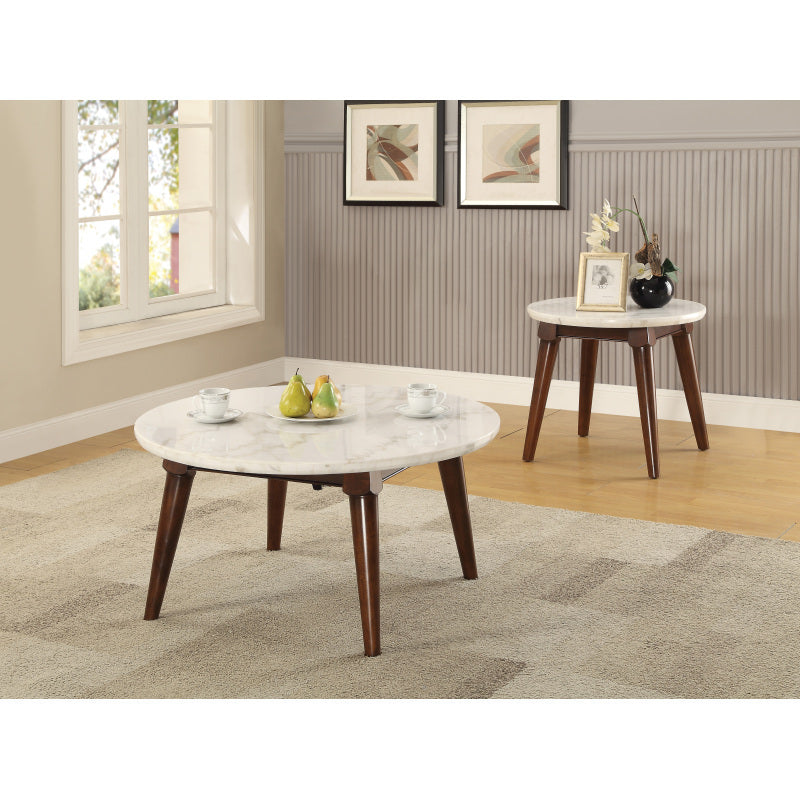 Gasha White Marble Top Walnut Finish Coffee Table