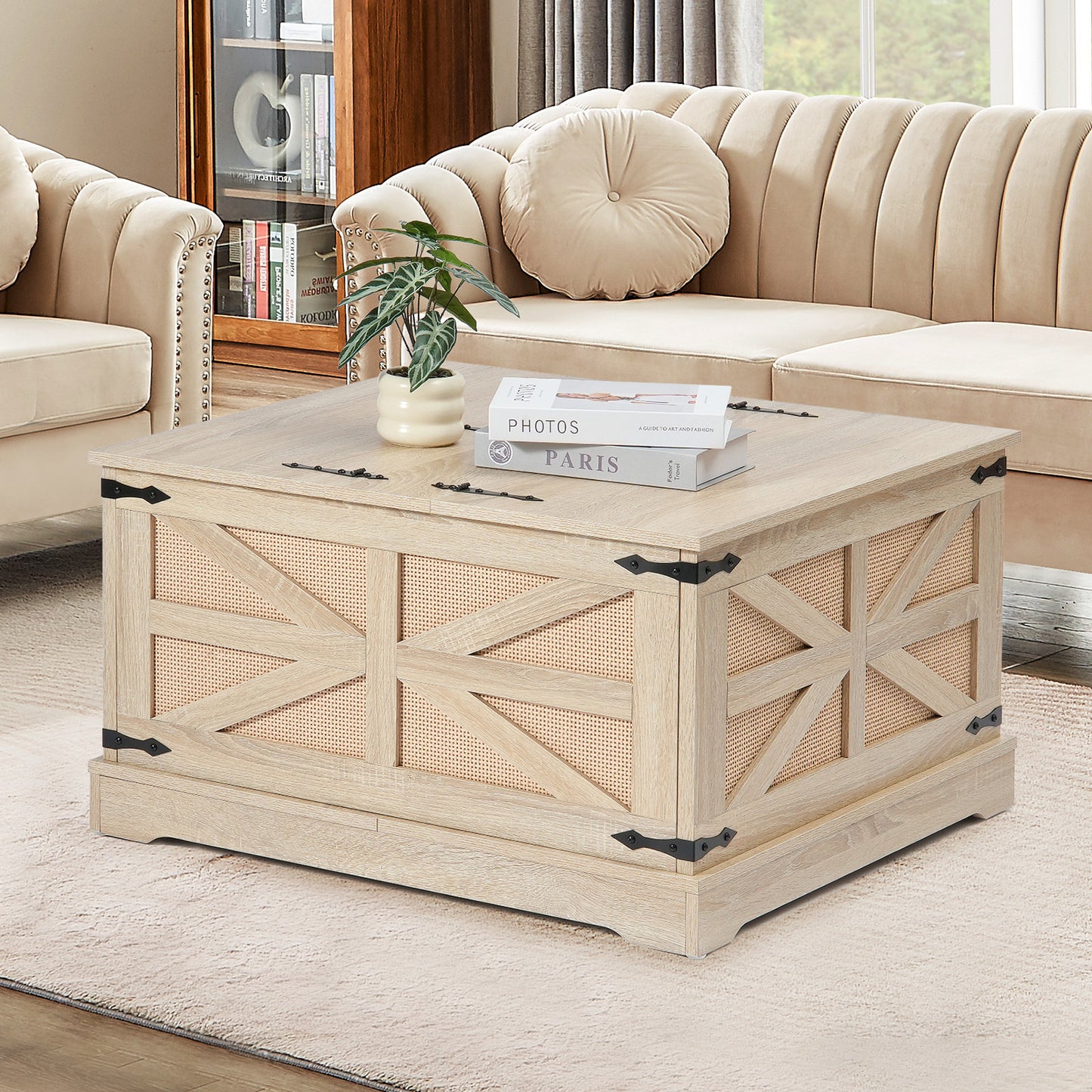VEVOR Rattan Coffee Table, Rectangle 2-Tier PE Rattan Farmhouse End Table, 32-Inch Modern Boho Style Storage Mid Century Coffee Table with Retro Metal Hinges,
