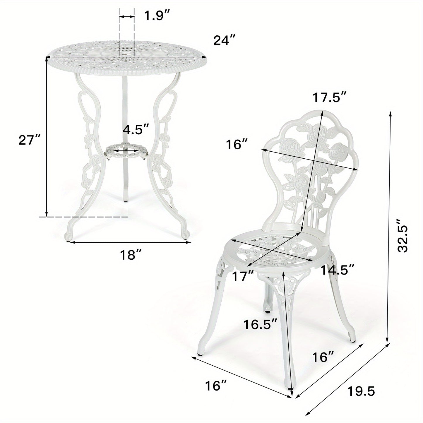 MULTIGOT 3pcs Cast Aluminum Patio Bistro Furniture Set Rose Design Outdoor White