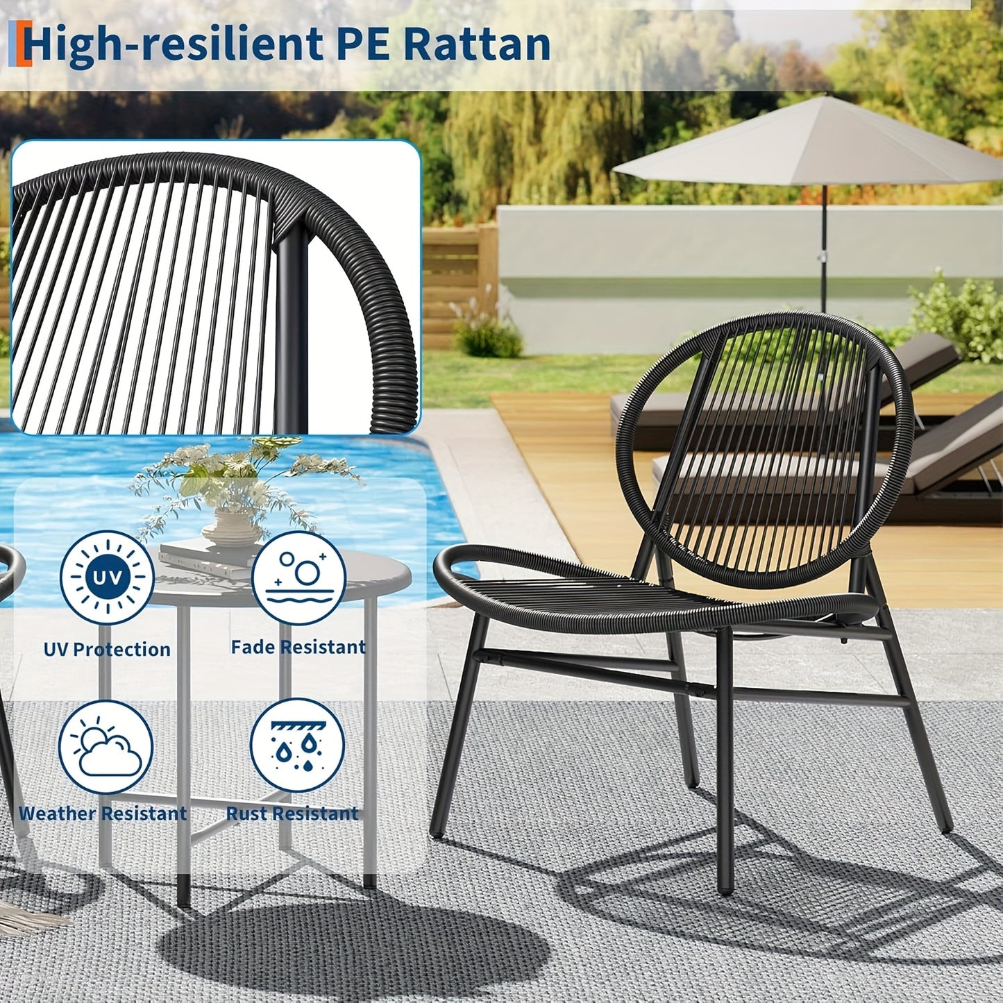3pcs Outdoor Chair Patio Bistro Set, Acapulco Chairs Set Of 2 with Metal Coffee Table, All Weather Patio Chair Conversation Bistro Set with Steel Frame for Balcony,
