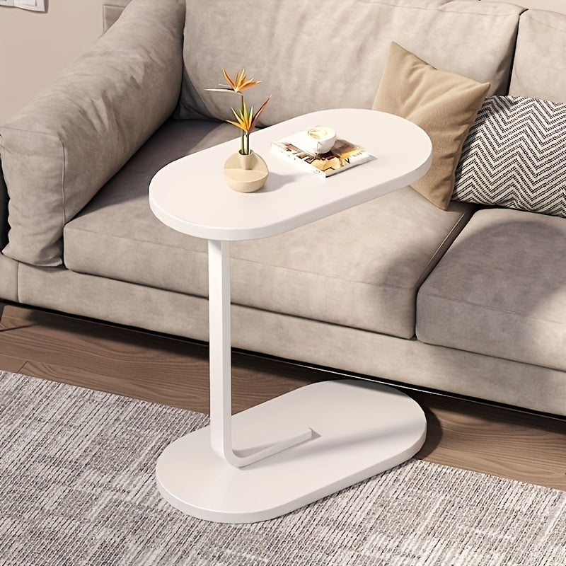 C-Shaped End Table Sturdy Steel Frame & Space Saving - C-Shaped End Table With Oval Base - Compact White Side Table For Small Couch\u002FBed\u002FLounger